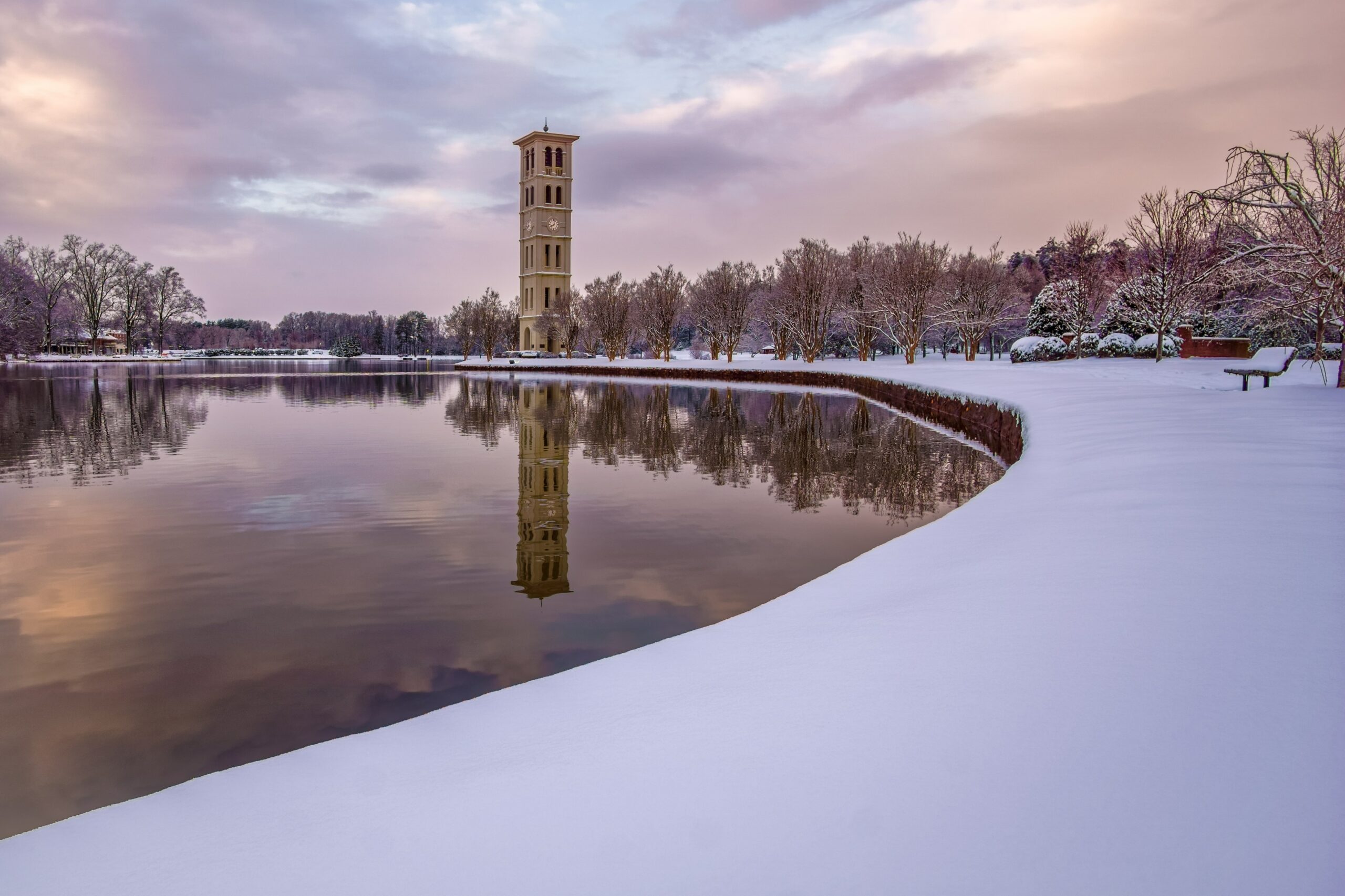 winter in the carolinas. Depicted here is the watch tower on Furman University campus